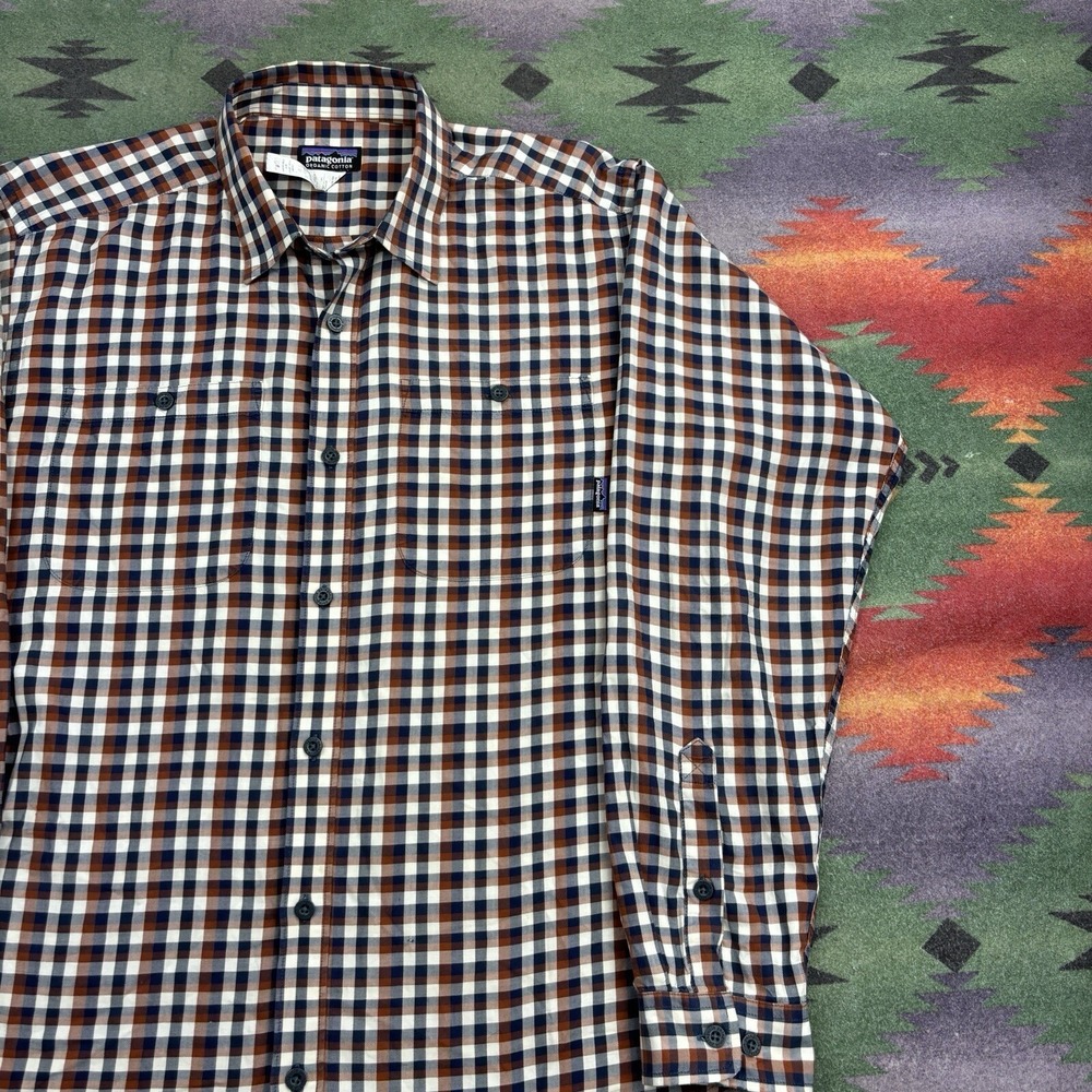 Patagonia Button Up Shirt Men's Medium Brown Plaid Check Long Sleeve Cotton - Picture 4 of 10